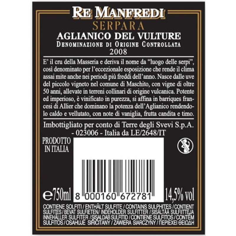 Re Manfredi, Aglianico del Vulture Serpara 2017, 750 ml - immagine 3